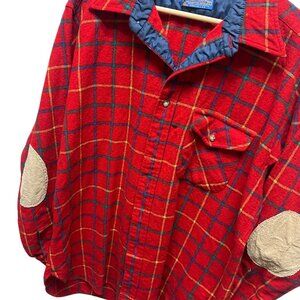 Pendleton Vintage 70's Lobo Red Wool Plaid Board Shirt with Elbow Patches